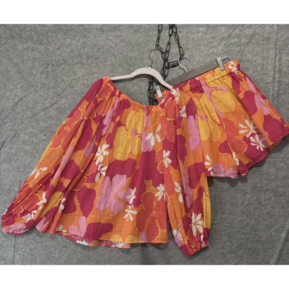 Sabo Short Set Women Sz XS - S Orange Red Lightweight Sheer Tropical - SIZE NOTE - Picture 3 of 14